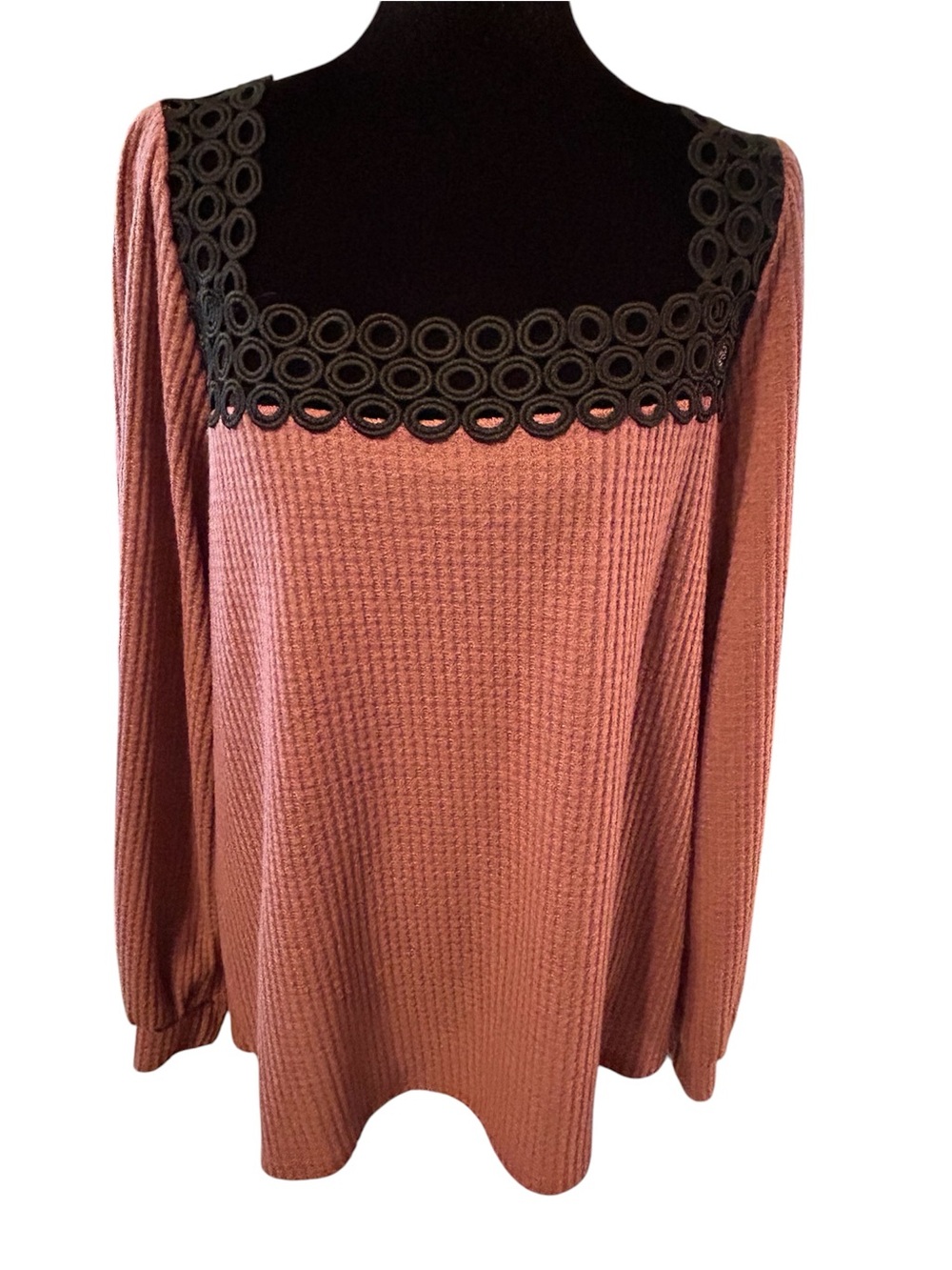 BiBi Waffle Knit Sweater with Decorative Lace Yoke - Dusty Rose Plus XL